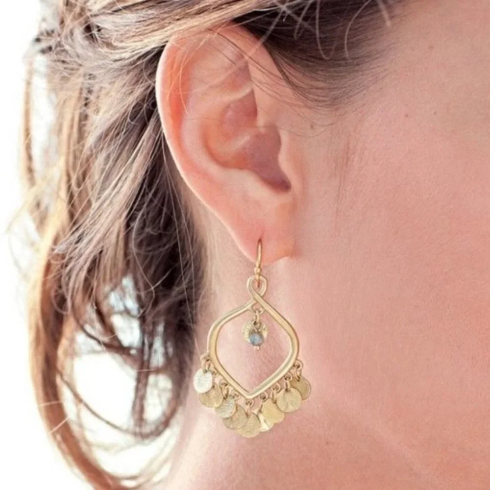 Stella & Dot | Exotic GOLD Coin Disc Rio Dangle Chandelier Earrings Reti… - Picture 8 of 8